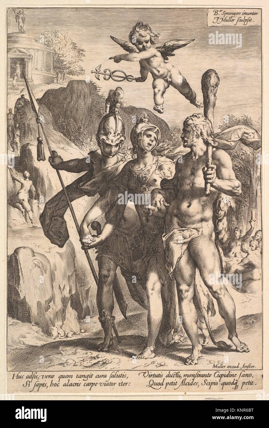 Hercules Being Shown the Mountainous Road to the Temple of Immortal Fame in the Company of Minerva and Mars. Artist: Jan Muller (Netherlandish, Stock Photo
