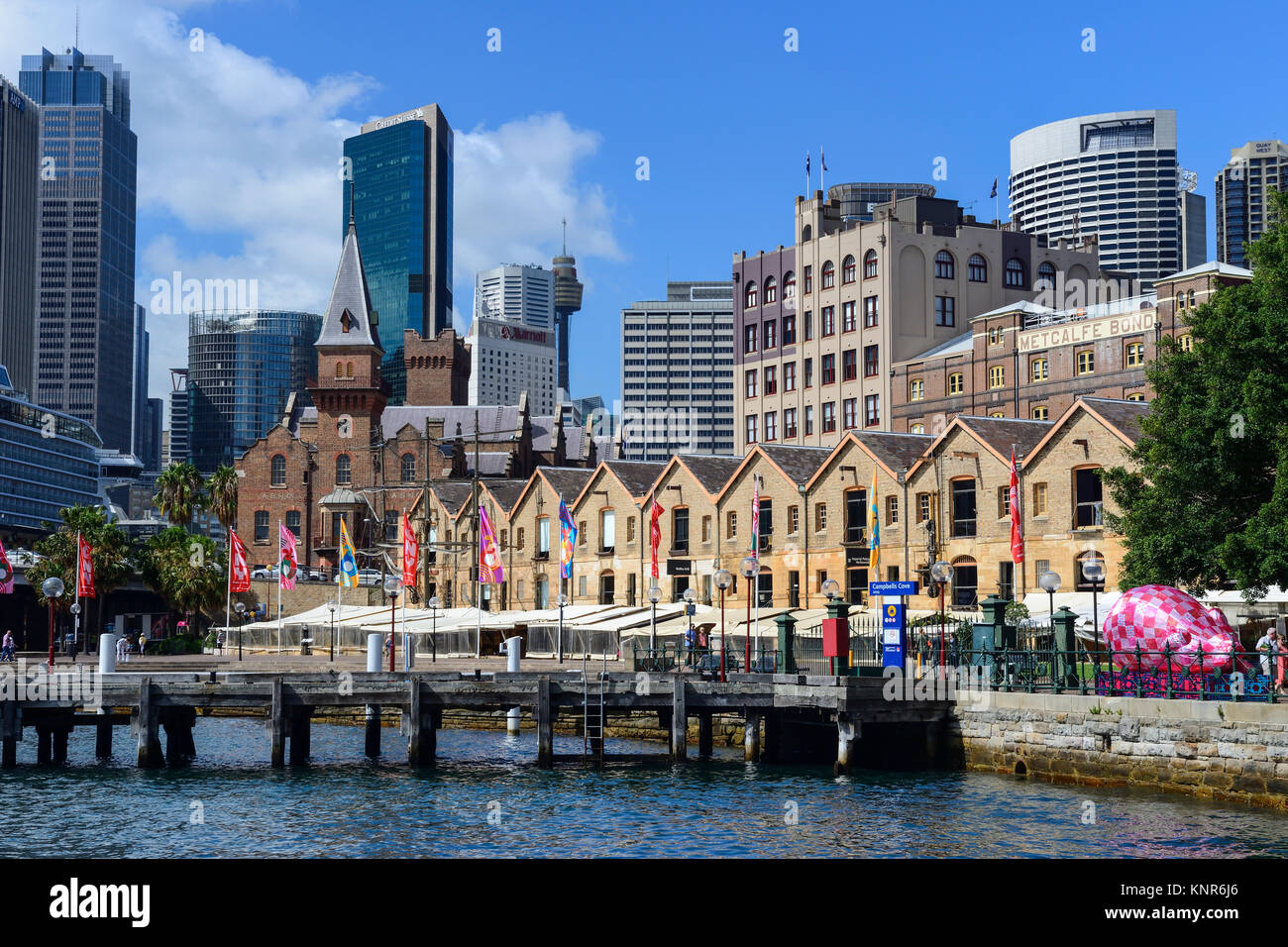Open-air restaurants in The Rocks from Campbells Cove, Sydney, New South Wales, Australia Stock Photo
