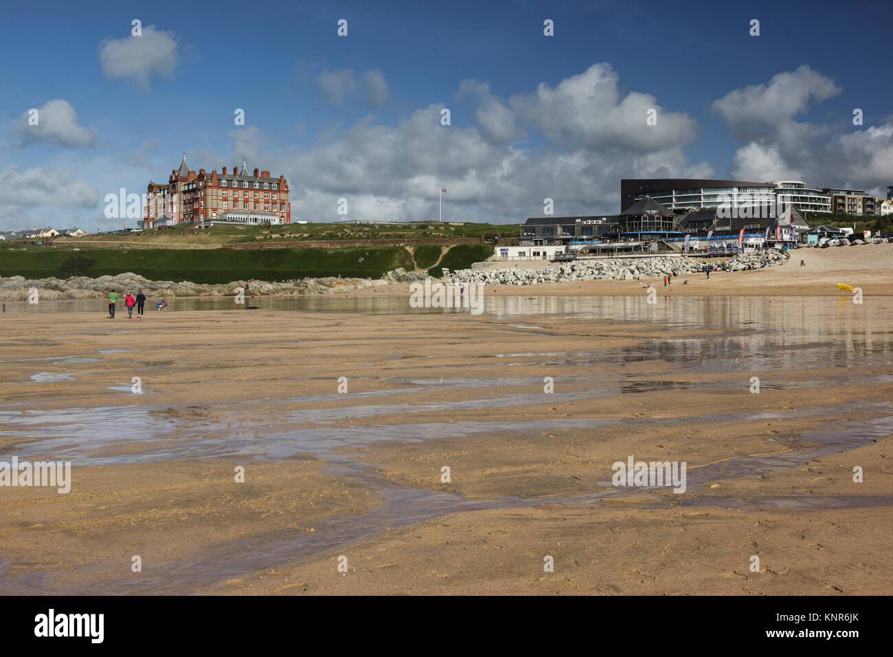 View across Fistral beach, Newquay, Cornwall towards the gothic headland hotel and the new Stock Photo