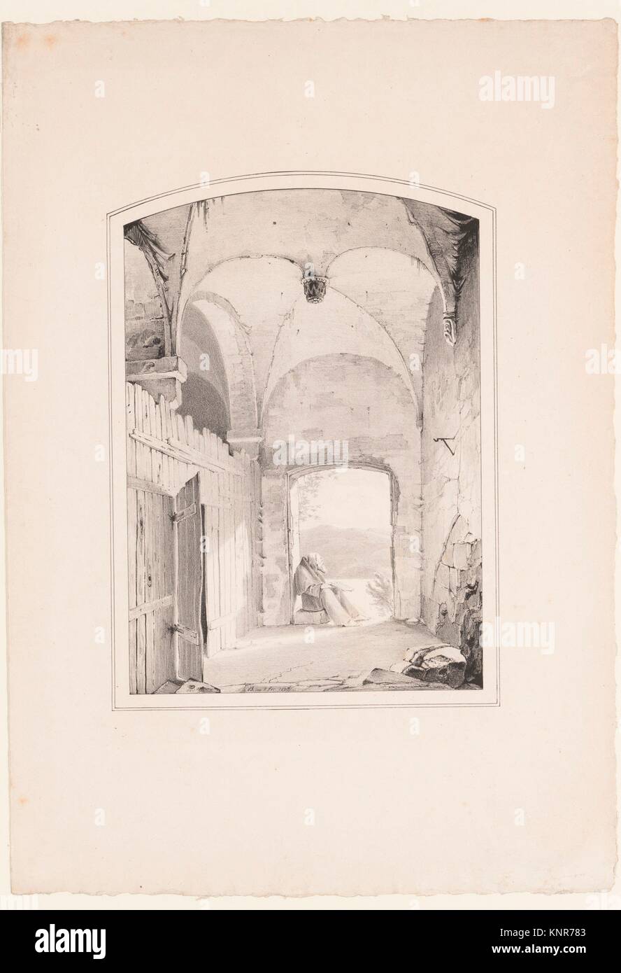 Pilgrim at the Gate (Einsiedler an der Pforte). Artist: Karl Blechen (German, Cottbus 1798-1840 Berlin); Date: 1827; Medium: Lithograph; Dimensions: Stock Photo