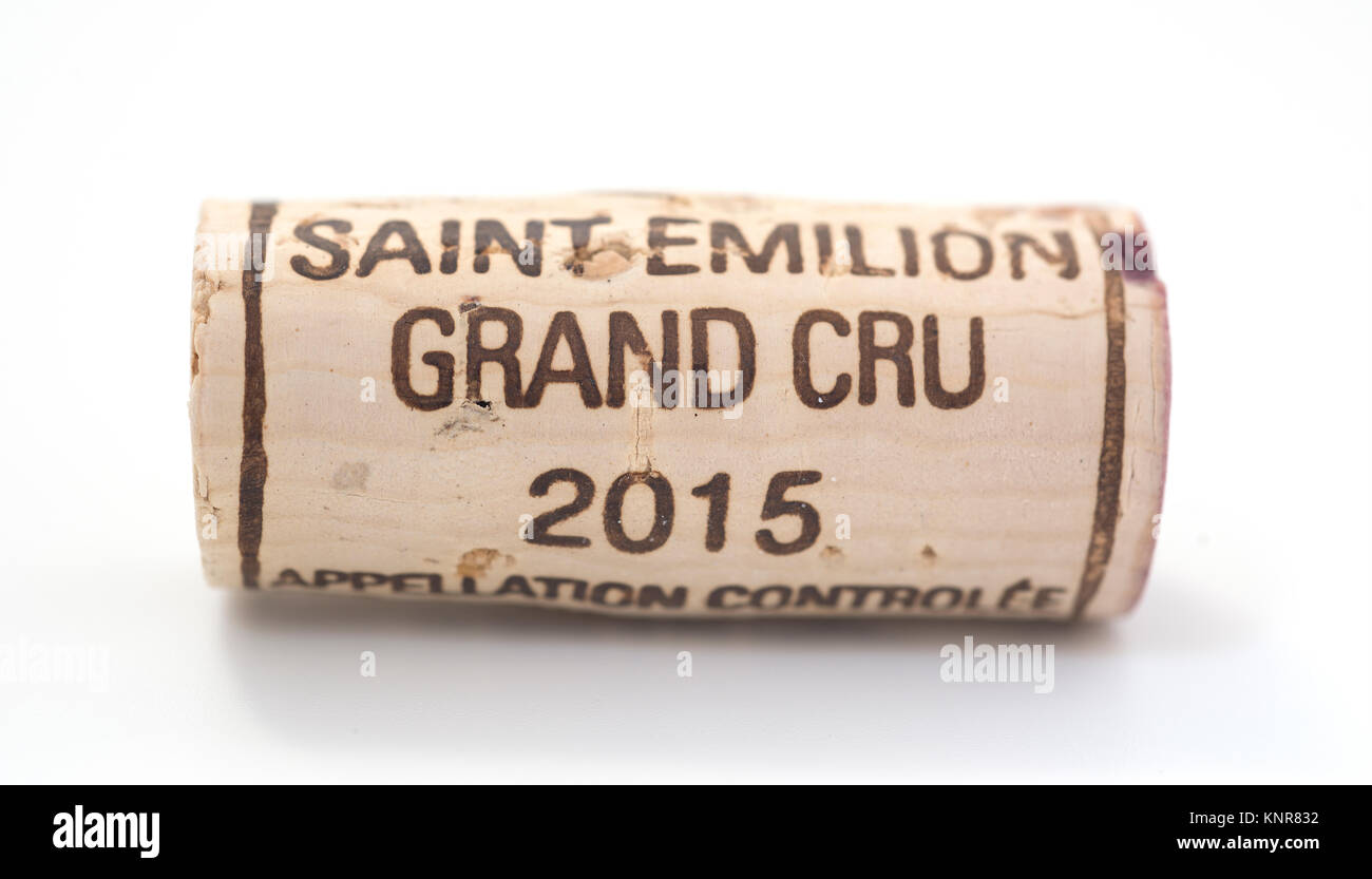 2015 Saint Emilion Grand Cru wine cork on white background Stock Photo