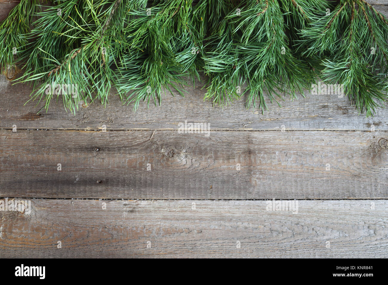 Christmas card on wooden background with snow and fir tree branch. View ...
