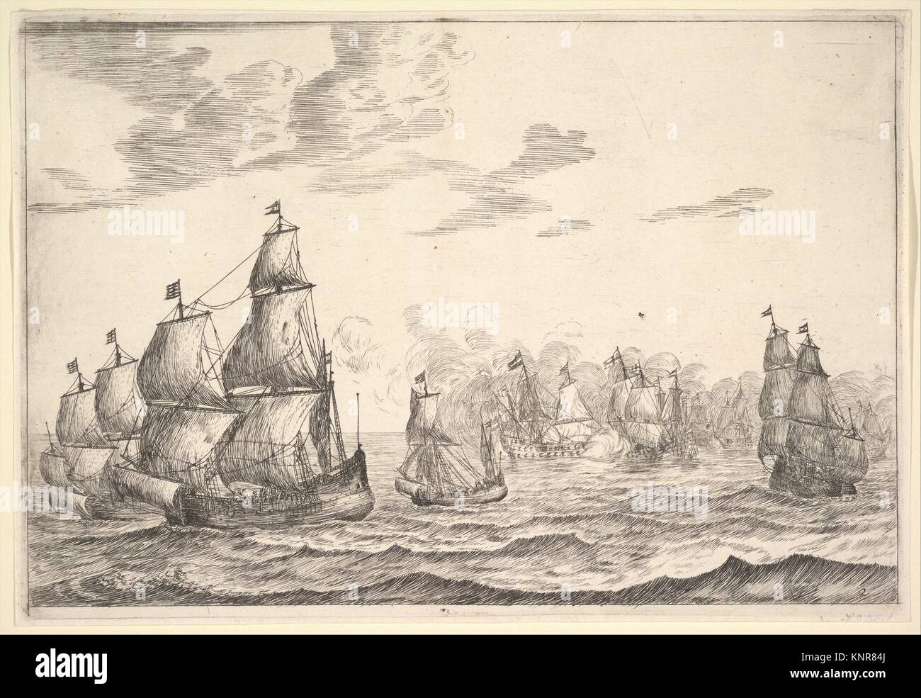 Naval Battle Scene. Artist: Reinier Nooms, called Zeeman (Dutch, Amsterdam ca. 1623-1664 Amsterdam); Date: 17th century; Medium: Etching; Dimensions: Stock Photo