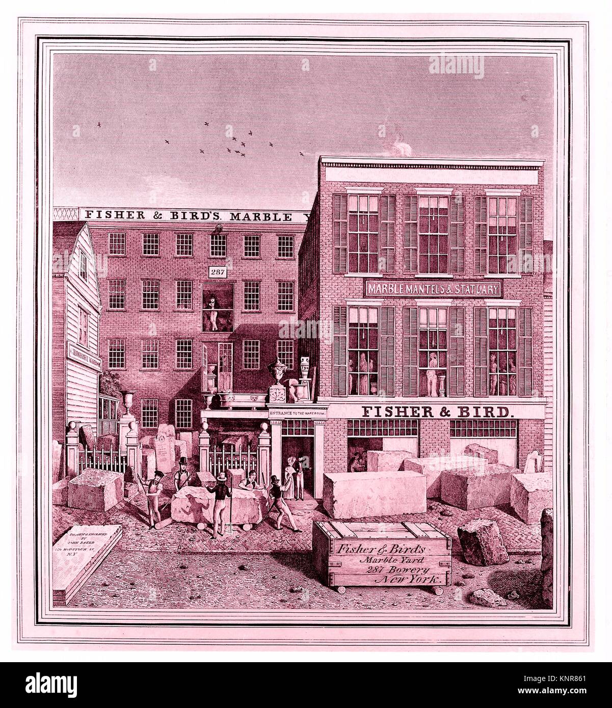 Fisher & Bird´s Marble Yard, 287 Bowery, New York. Artist: John Baker (American, active 1830-40); Date: ca. 1836; Medium: Engraving; Dimensions: Stock Photo
