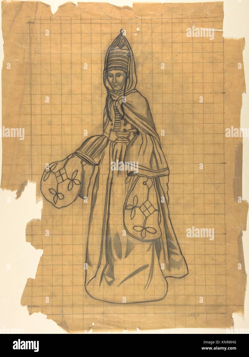 Russian female costume. Artist: Léon Bakst (Russian, Grodno 1866-1924 Paris); Date: n.d; Medium: Graphite on tracing paper, squared; Classification: Stock Photo