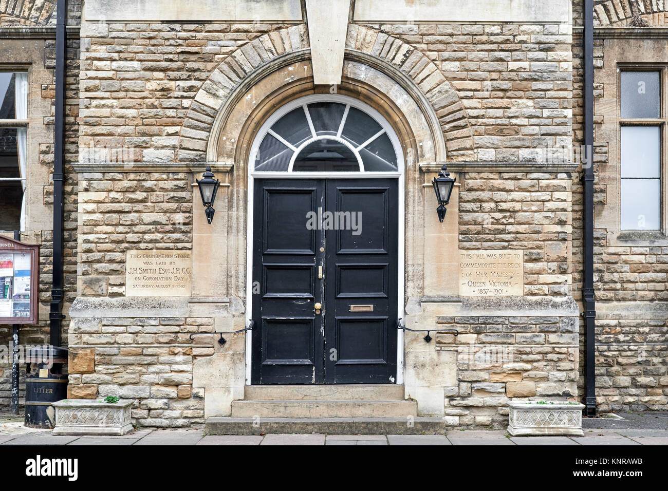 Entrance to the Council building (built 1902 to commemeorate the  reign of queen Victoria)at the country town of Oundle, Northamptonshire, England. Stock Photo