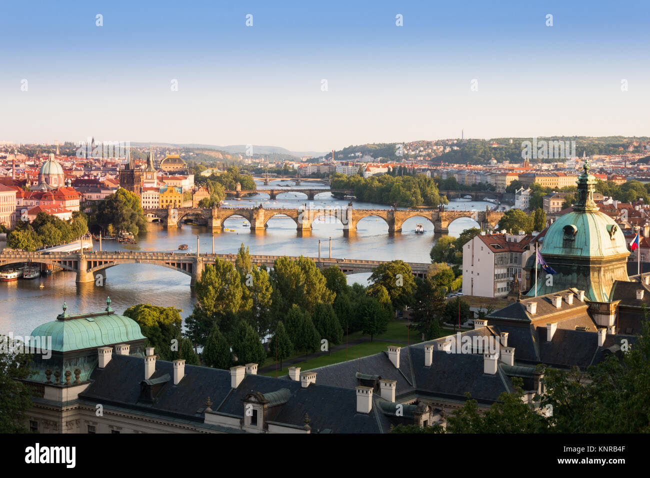 Panoramic view of Prague, the Moldau river and the Charles bridge Stock Photo