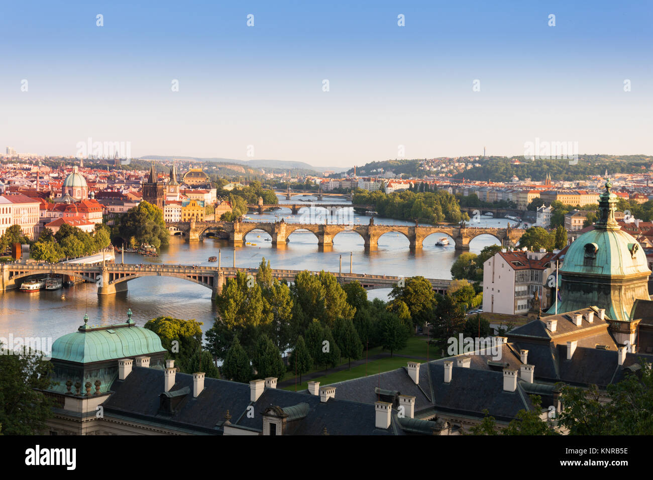 Panoramic view of Prague, the Moldau river and the Charles bridge Stock Photo