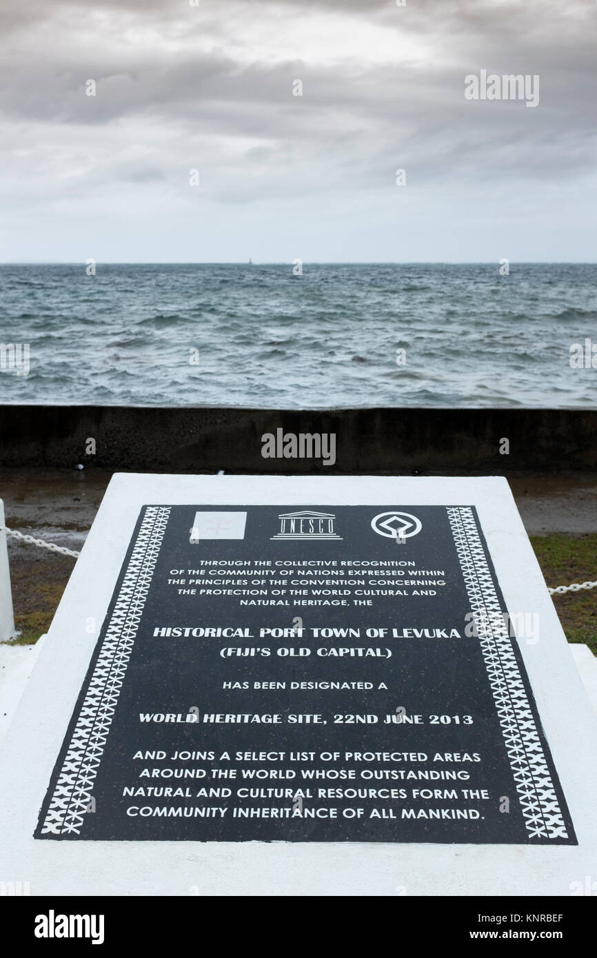 UNESCO  World Heritage Site plaque, Levuka, Ovalau, Fiji Islands Stock Photo