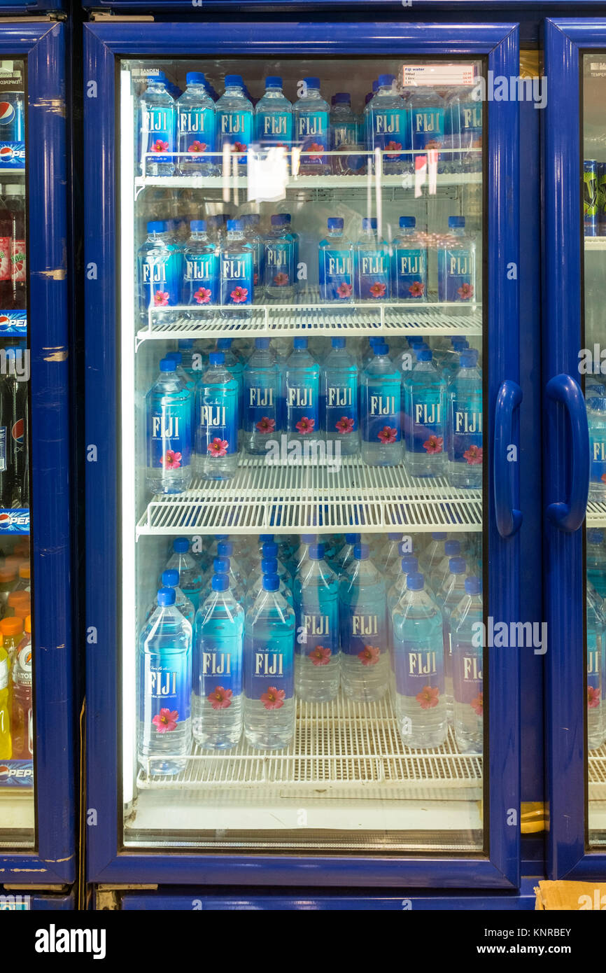 Fridge full of Fiji water in Fiji, Nadi Ariport, Nadi, Western Fiji Stock Photo