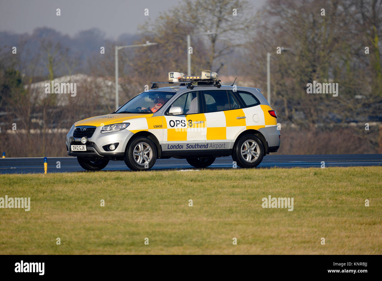 Operations vehicle checking the runway at London Southend Airport. Stock Photo