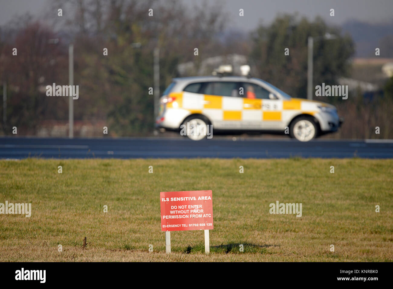 Operations vehicle checking the runway at London Southend Airport. Stock Photo