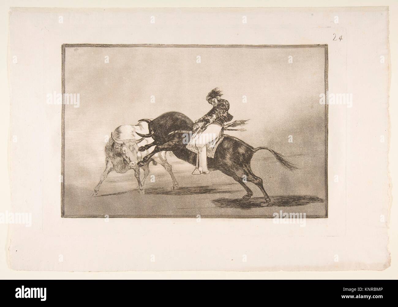Plate 24 of the ´Tauromaquia´: The same Ceballos mounted on another bull breaks short spears in the ring at Madrid. Series/Portfolio: La Tauromaquia; Stock Photo