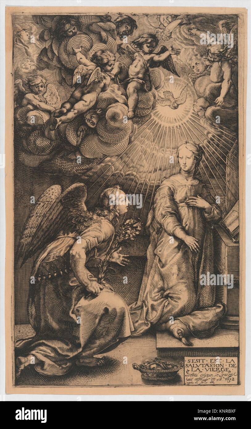 The Annunciation. Artist: IsraÃ«l Crispin le Jeune (French, born 1616); Artist: After Hendrick Goltzius (Netherlandish, Mühlbracht 1558-1617 Stock Photo