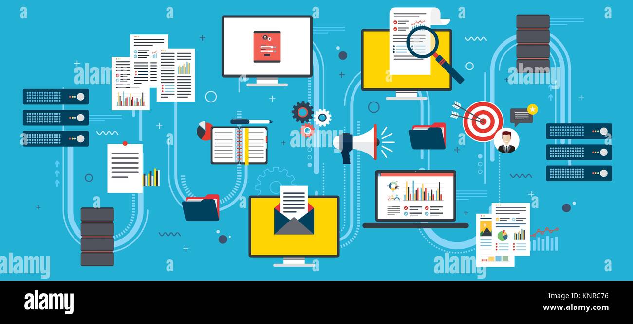 Computers and laptop accessing server files in network computers. Concepts cloud computing devices, data network and business intelligence. Flat vecto Stock Vector