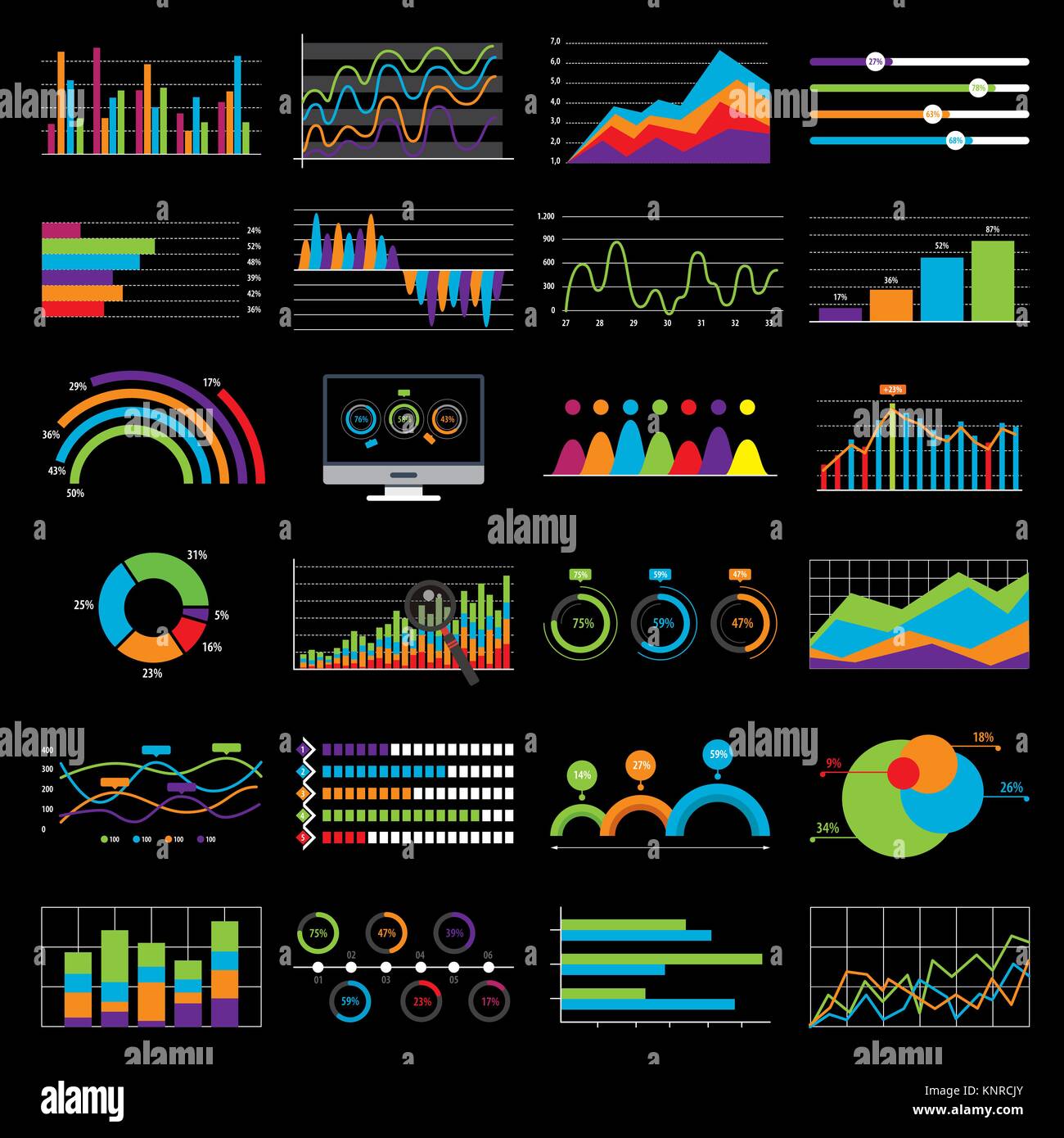 Business chart and graph data market. Elements bar pie charts diagrams and graphs flat icons in vector illustration. Black background. Stock Vector