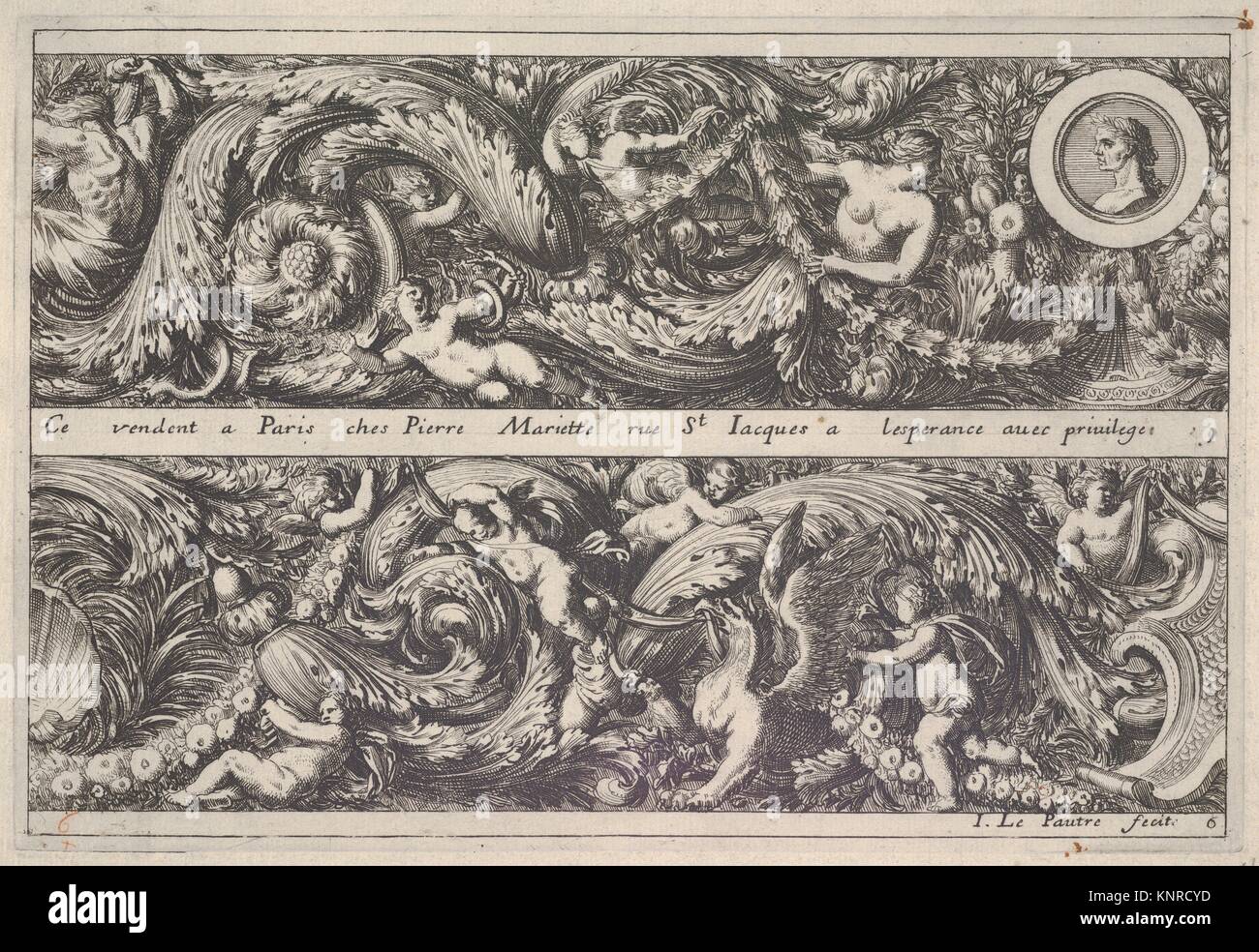 Two Designs for Friezes, of which one with a Round Portrait Medaillon, from: Frises, feuillages ou tritons marins antiques et modernes. Artist: Jean Stock Photo