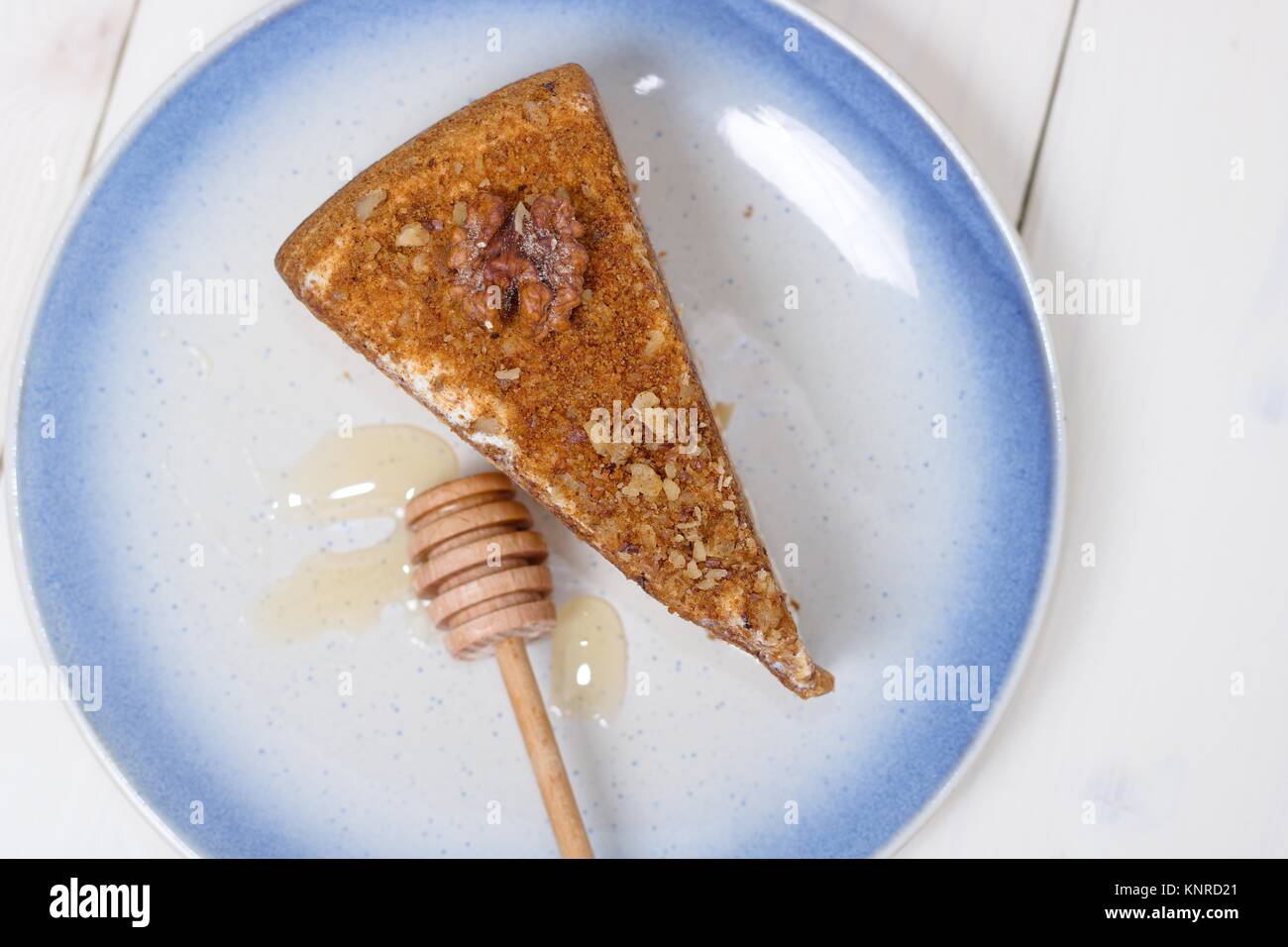 Top down view on traditional "medovik", or layered honey cake Stock Photo