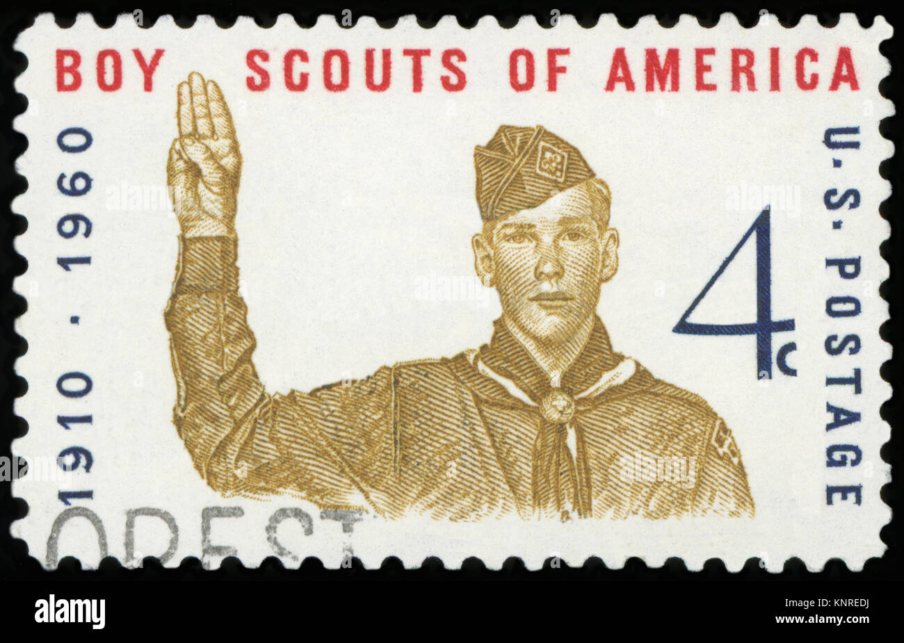UNITED STATES OF AMERICA - CIRCA 1960: A stamp printed in USA shows Boy Scout Giving scout sign, with inscription 'Boy Scouts of America', series 'Boy Stock Photo