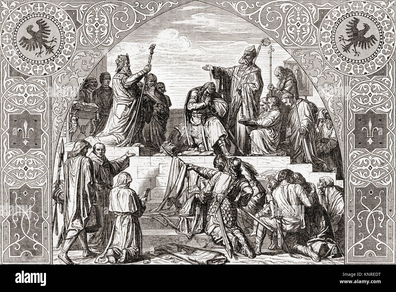 Baptism of Widukind at Attigny 785.   Widukind, aka Widuking or Wittekind.  Germanic leader of the Saxons.   From Ward and Lock's Illustrated History of the World, published c.1882. Stock Photo