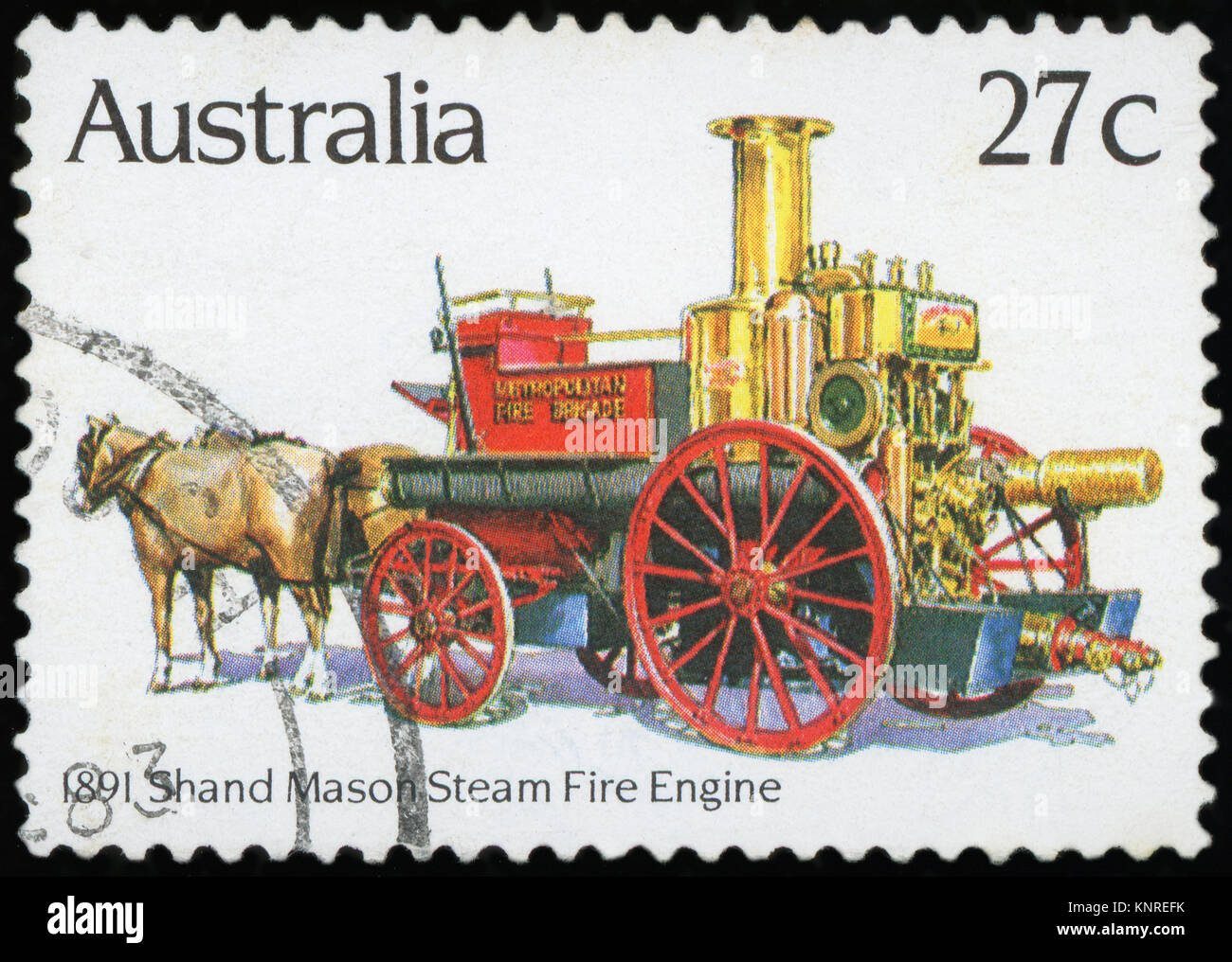 AUSTRALIA - CIRCA 1983: A stamp printed in Australia shows 1891 Shand Mason Steam Fire Engine, circa 1983 Stock Photo