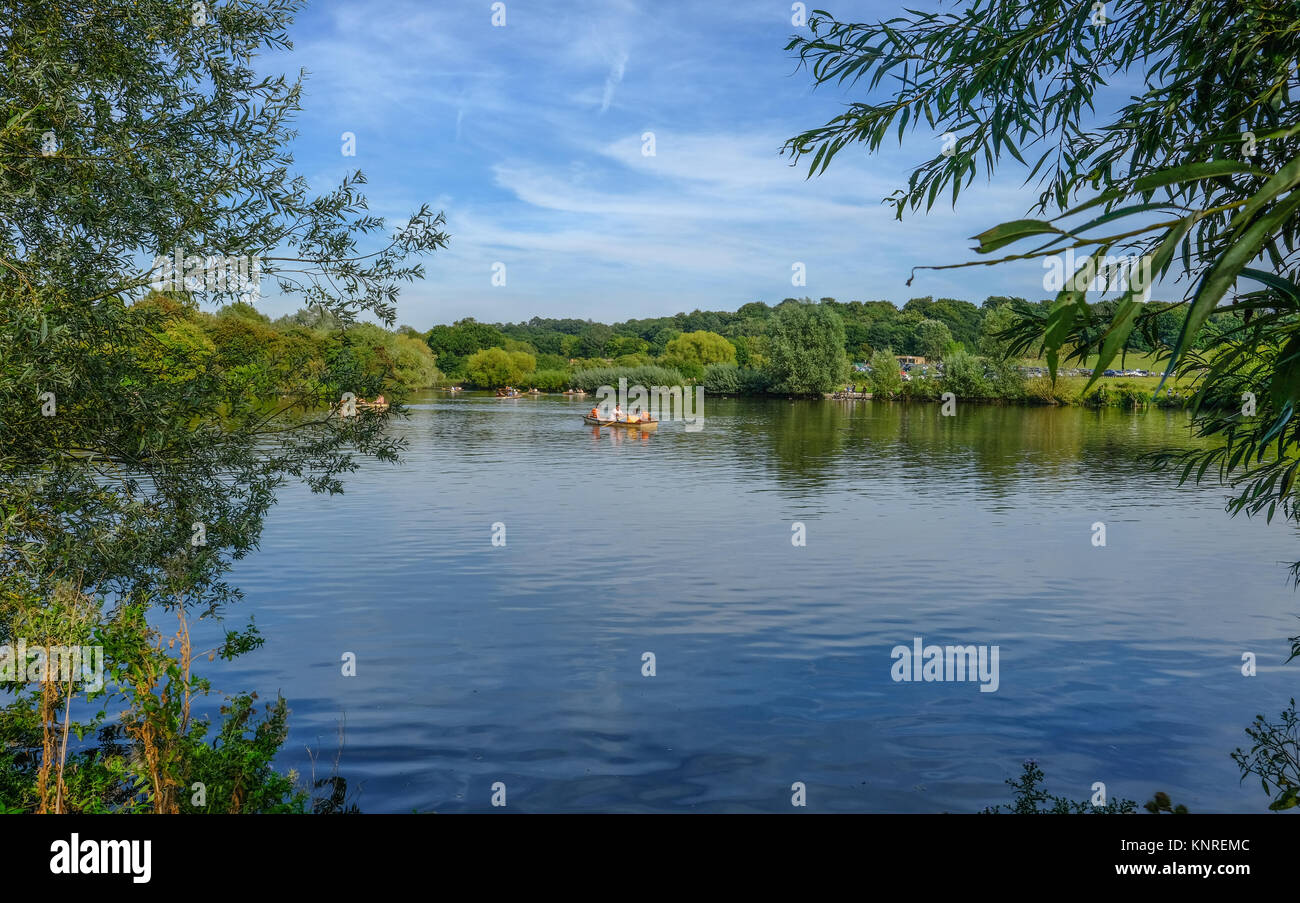 Hainault Forest, Essex, UK - August 28, 2017:  Girls in a rowing boat on the lake in the forest.  Bright blue sky day. Stock Photo