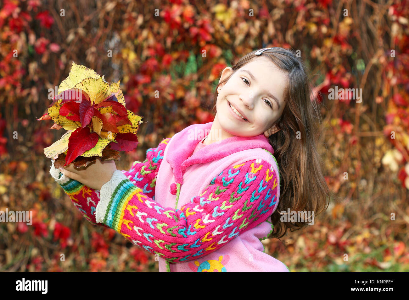 happy little girl holding colorful autumn leaves Stock Photo - Alamy