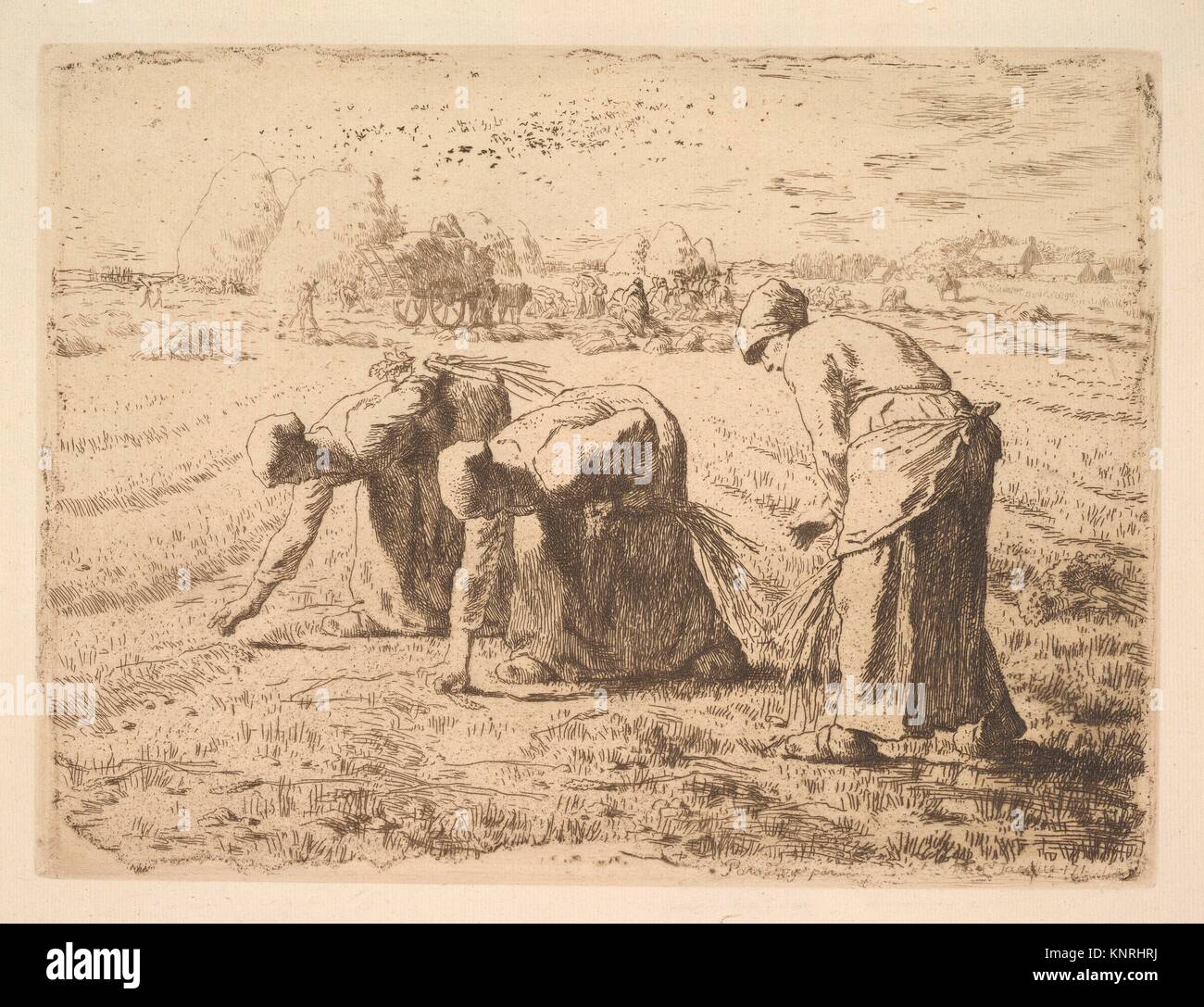 The Gleaners. Artist: Jean-François Millet (French, Gruchy 1814-1875 Barbizon); Date: 1834-75; Medium: Etching printed in brown/black ink on laid Stock Photo