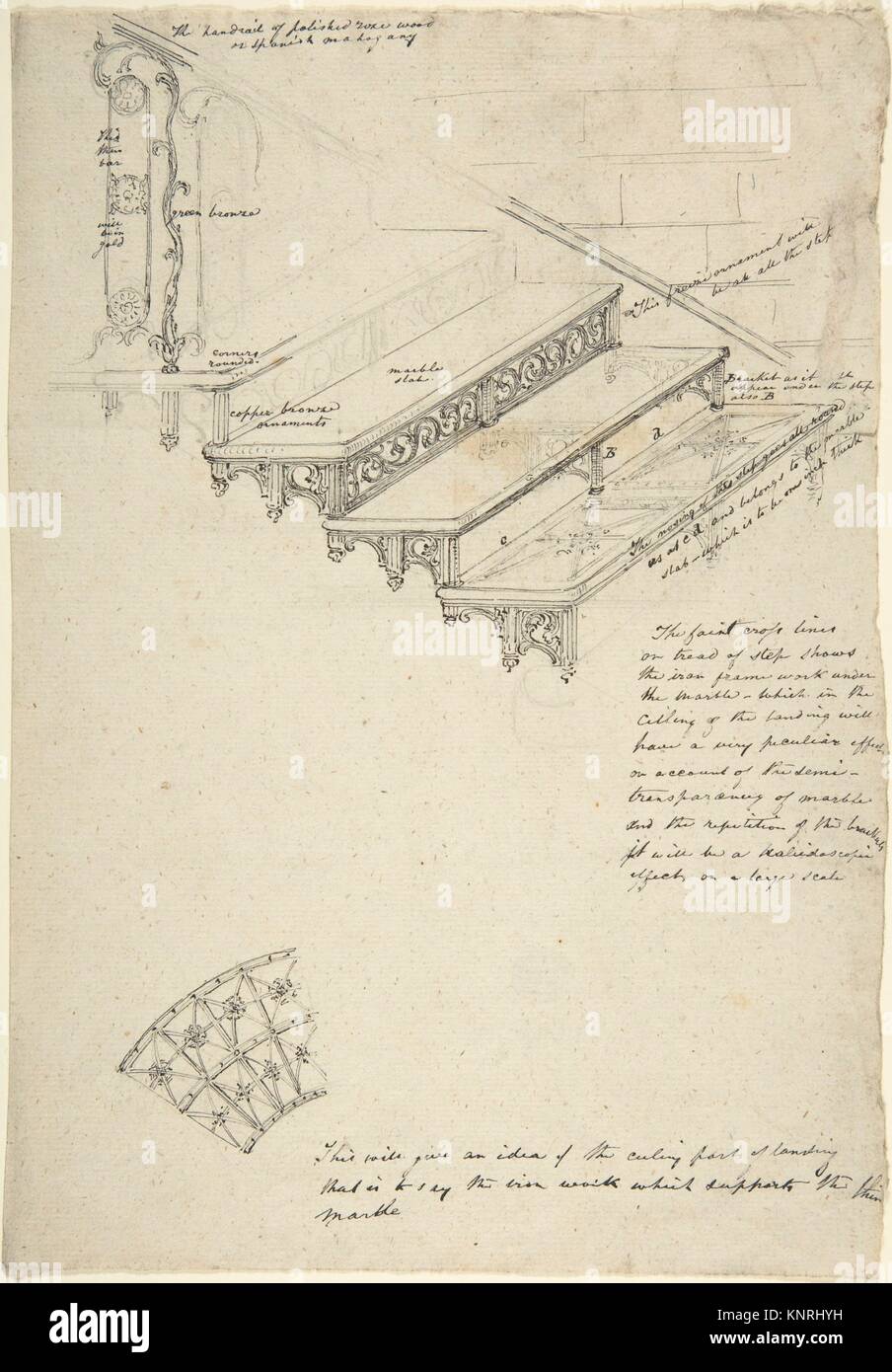 Drawing for an iron stairway with marble treads. Artist: Anonymous, British, 19th century; Date: 19th century; Medium: Ink and graphite; Dimensions: Stock Photo