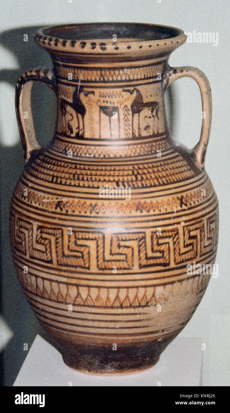 Amphora atica. Geometric period. Upper fringe decorated with horses. C. 8th century BC. National Archaeological Museum of Athens. Greece. Stock Photo
