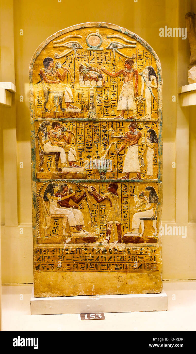 Painted stela of Nebnakhtu and his family in the Egyptian Museum, Cairo, Egypt, North Africa. Stock Photo