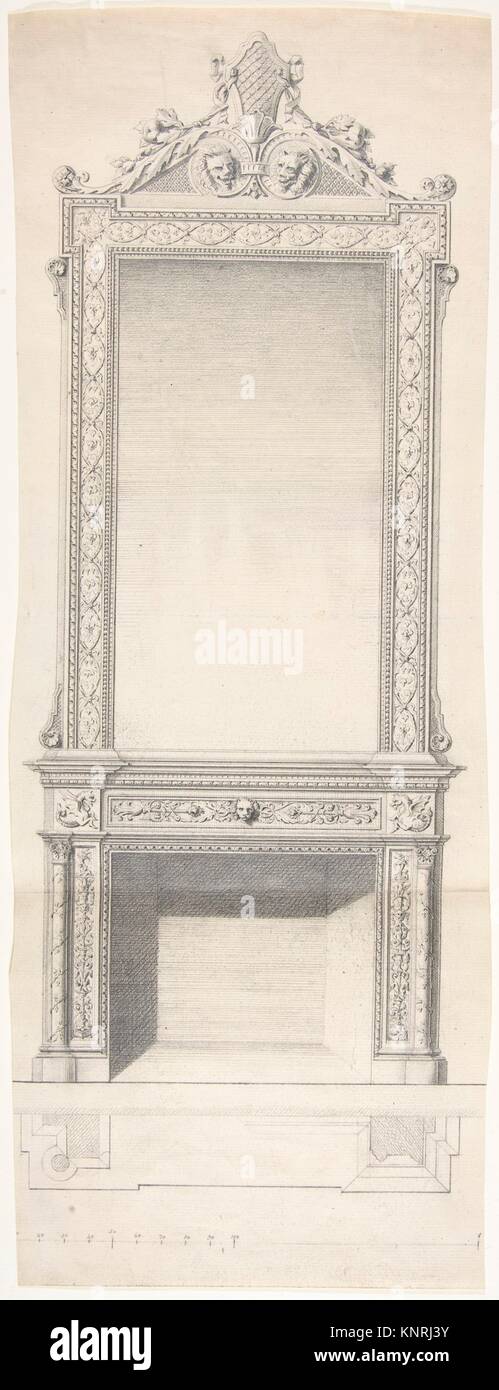 Chimneypiece Design with Mirror. Artist: Anonymous, British, 19th century; Date: 19th century; Medium: Graphite; Classifications: Drawings, Ornament Stock Photo