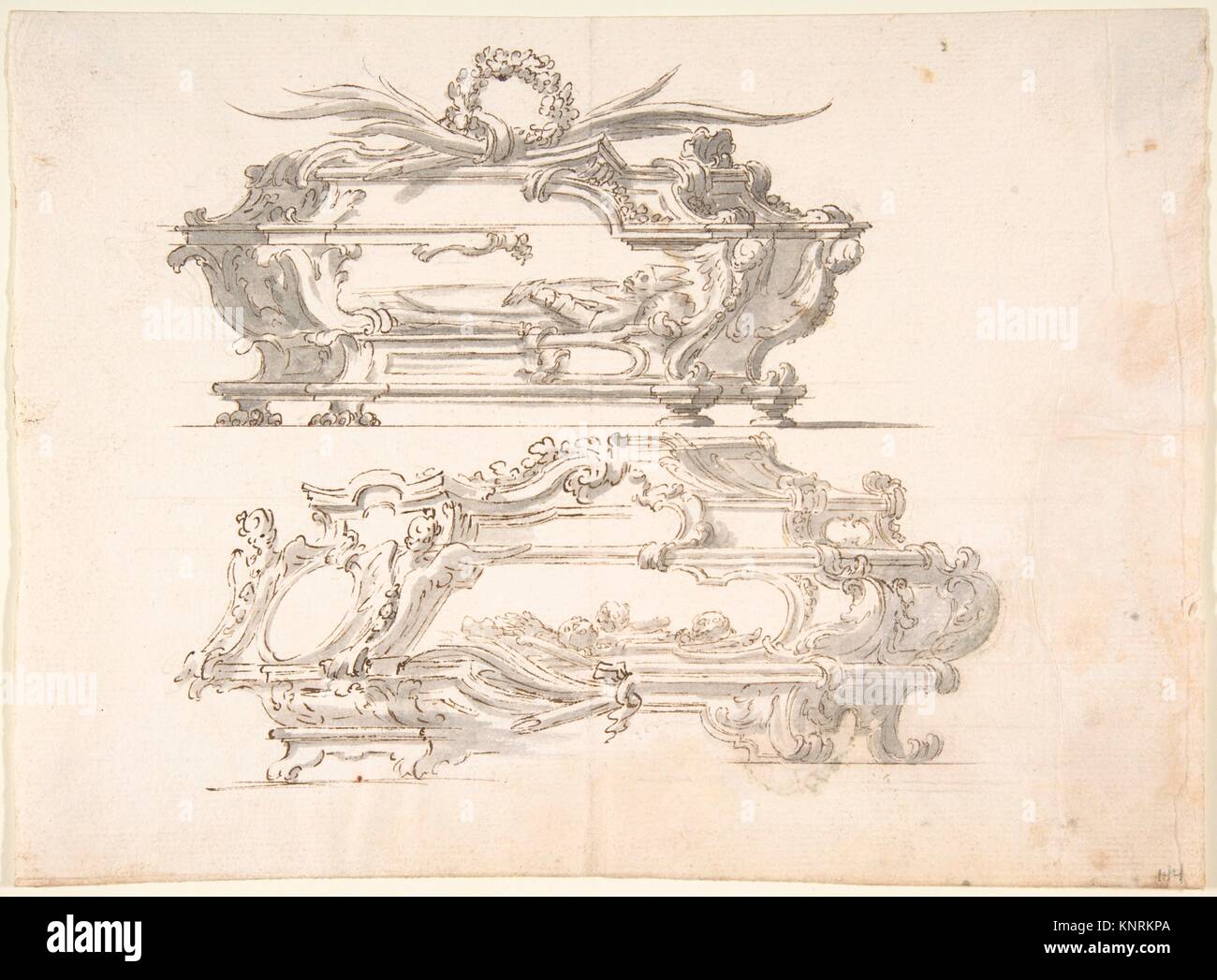 Designs for Two Reliquary Caskets; at top Bishop; at bottom: Skulls and Bones. Artist: Anonymous, Italian, Piedmontese, 18th century; Date: Stock Photo