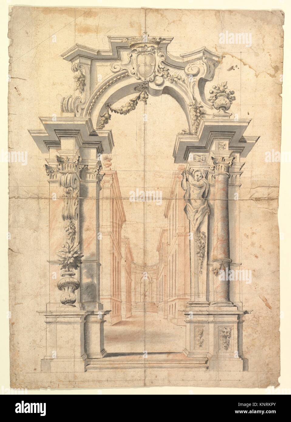 Two One Half Variants of a Design for Painted Wall Decoration with Arch and Perspective View Inside (recto). Negligible diagrams and compass drawn Stock Photo
