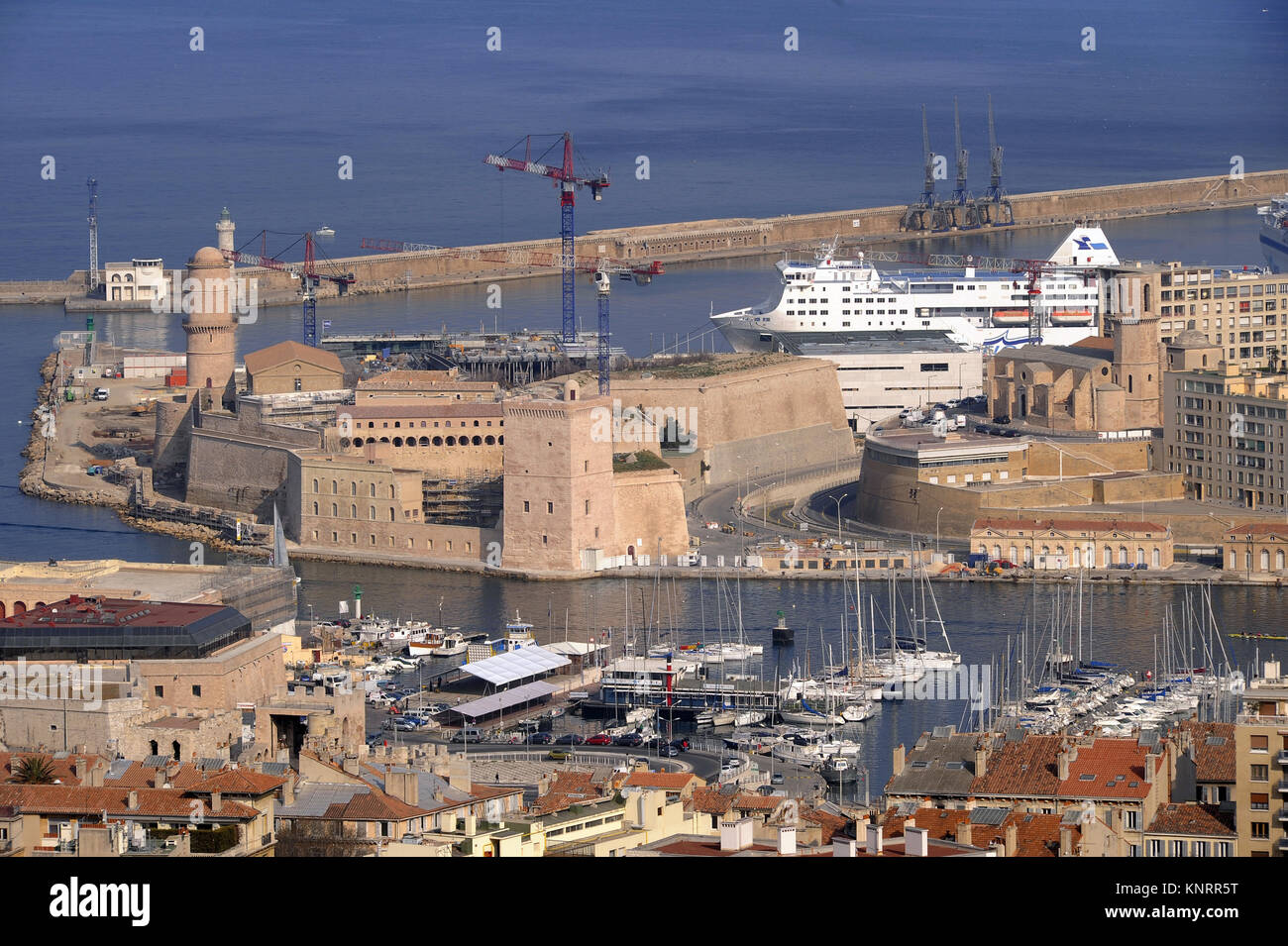 Marseille (France), panorama of the city with the entrance of the Old Port and the fort St Jean Stock Photo