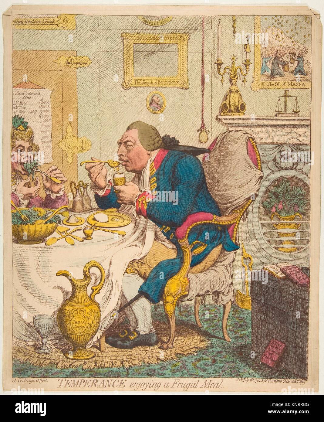 Temperance Enjoying a Frugal Meal. Artist: James Gillray (British, Chelsea 1756-1815 London); Publisher: Hannah Humphrey (London); Date: July 28, Stock Photo