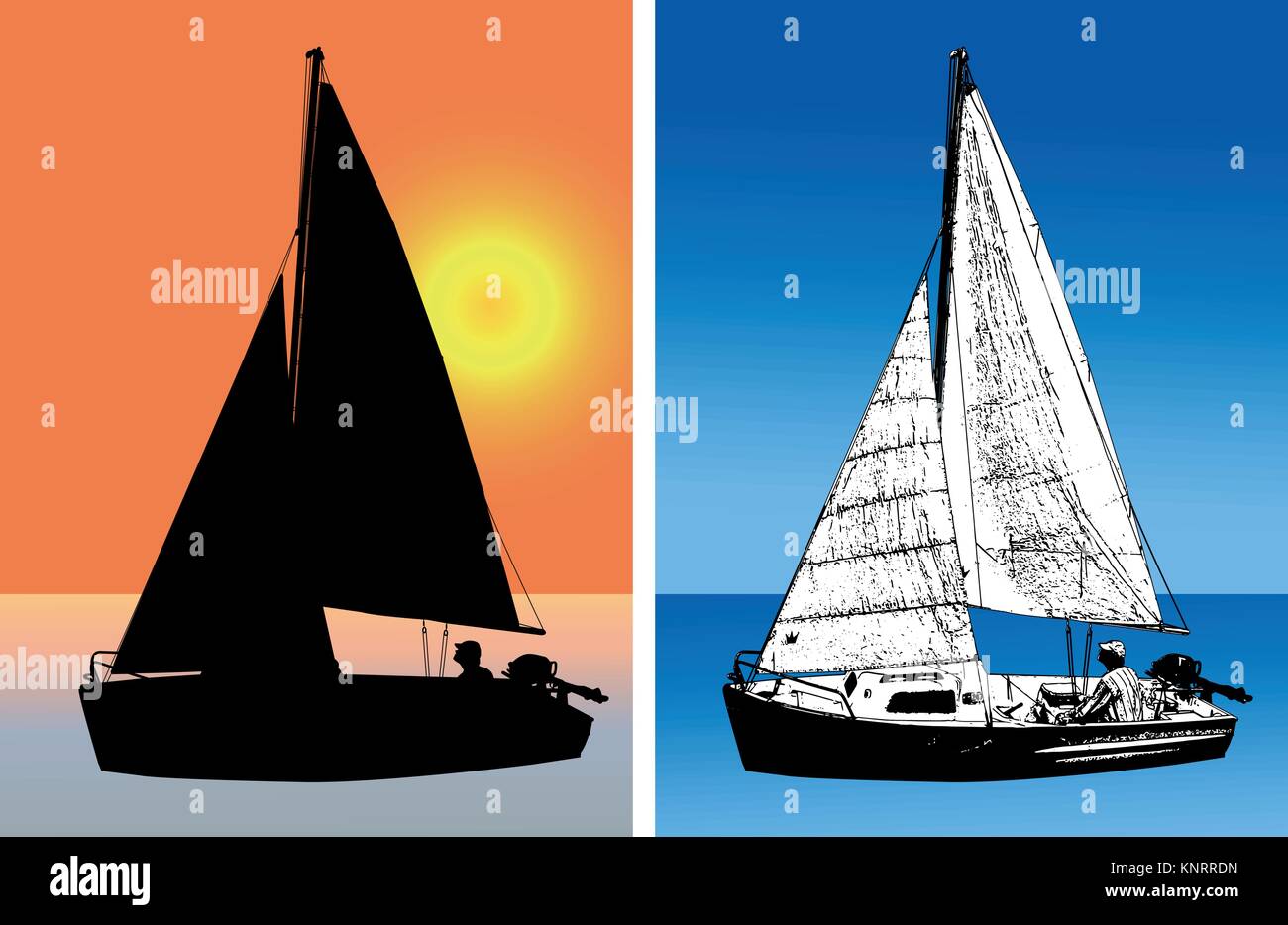 sailboat silhouette and sketch illustration - vector Stock Vector
