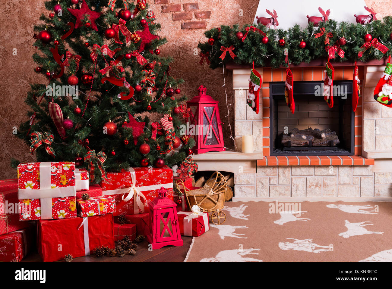 Many boxes with Christmas presents under the Christmas tree Stock Photo ...