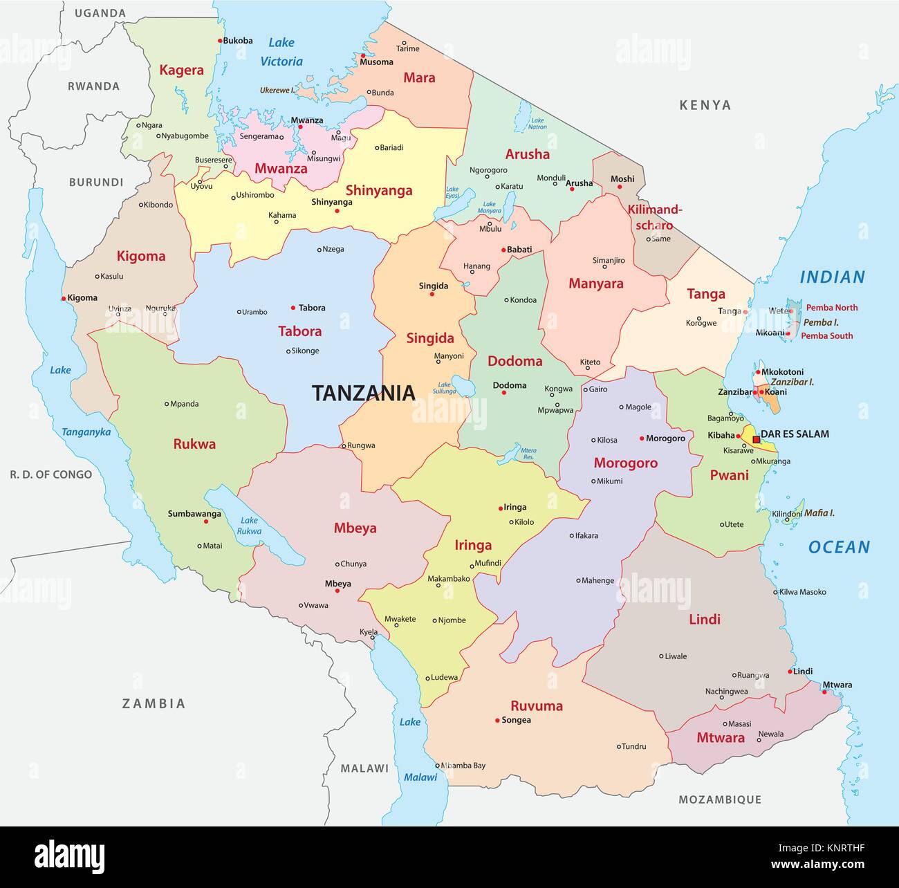 tanzania administrative and political vector  map Stock Vector