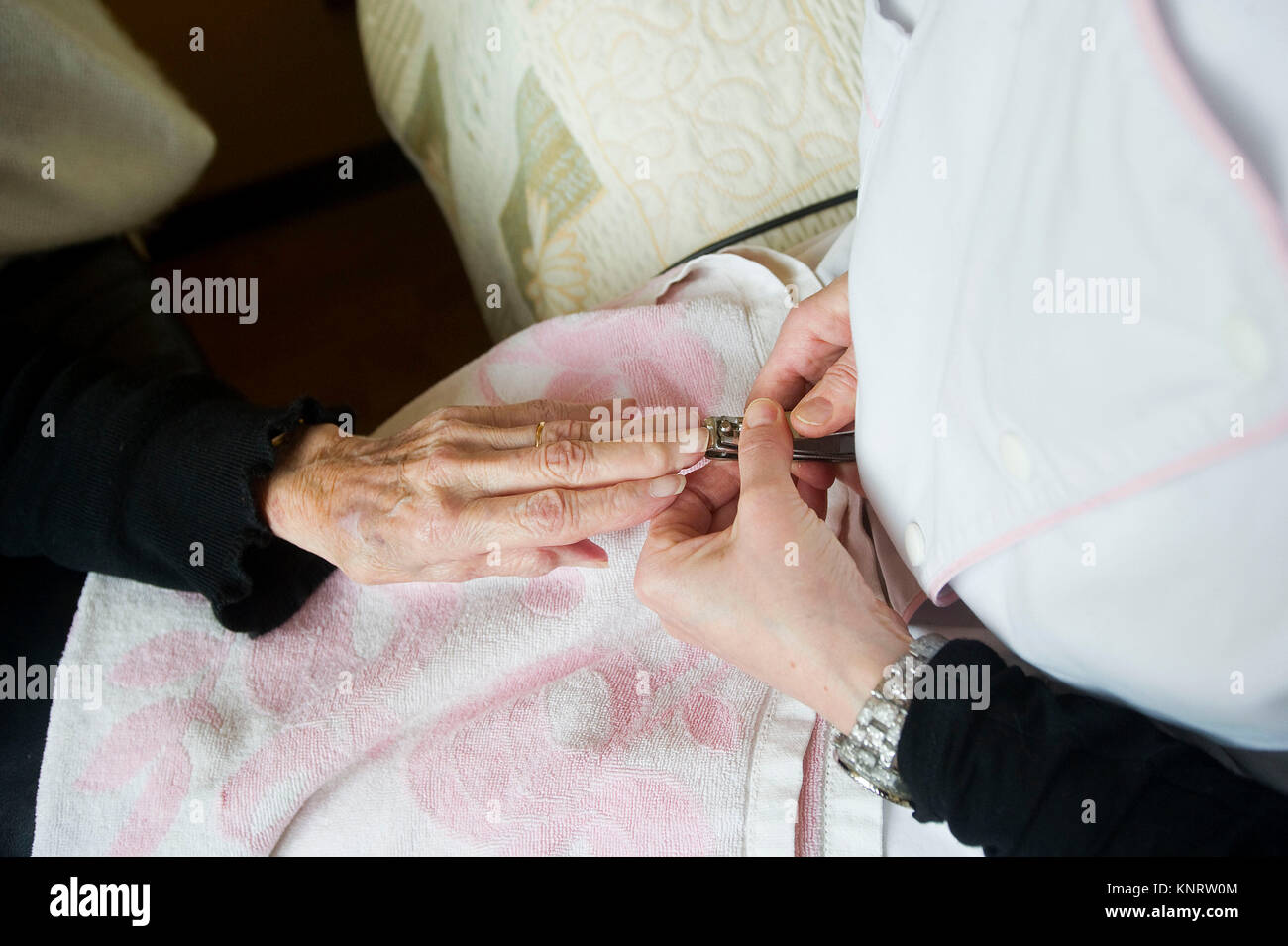 Aubigny-en-Artois (northern France). 2015/01/19. Nursing home for dependent elderly persons (French 'EHPAD'). Manicure. Woman, resident, having her na Stock Photo