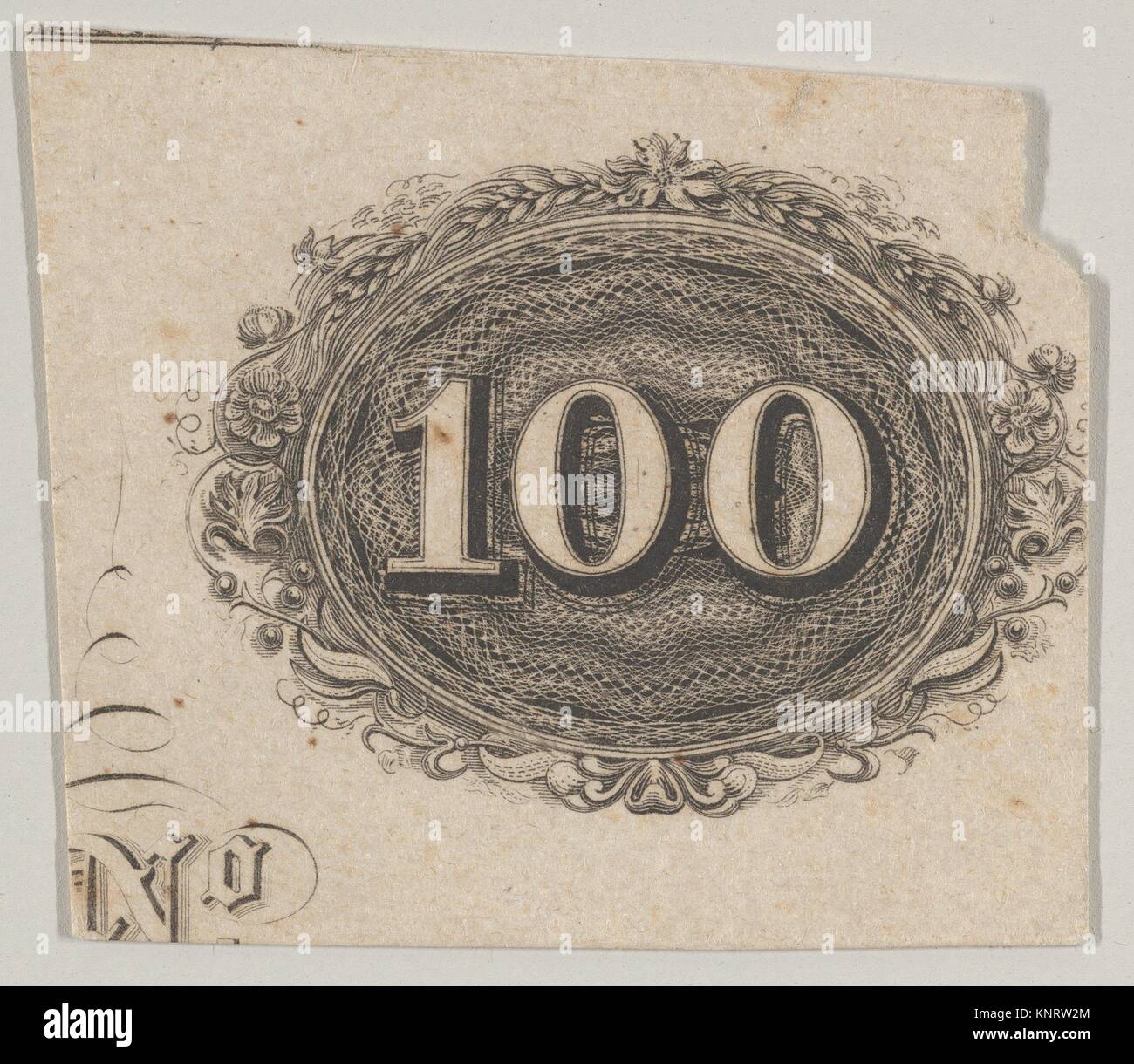 Banknote motif: the number 100 against an ornamental lathe work oval resembling woven rope with a border of grain, flowers and berries. Artist: Stock Photo