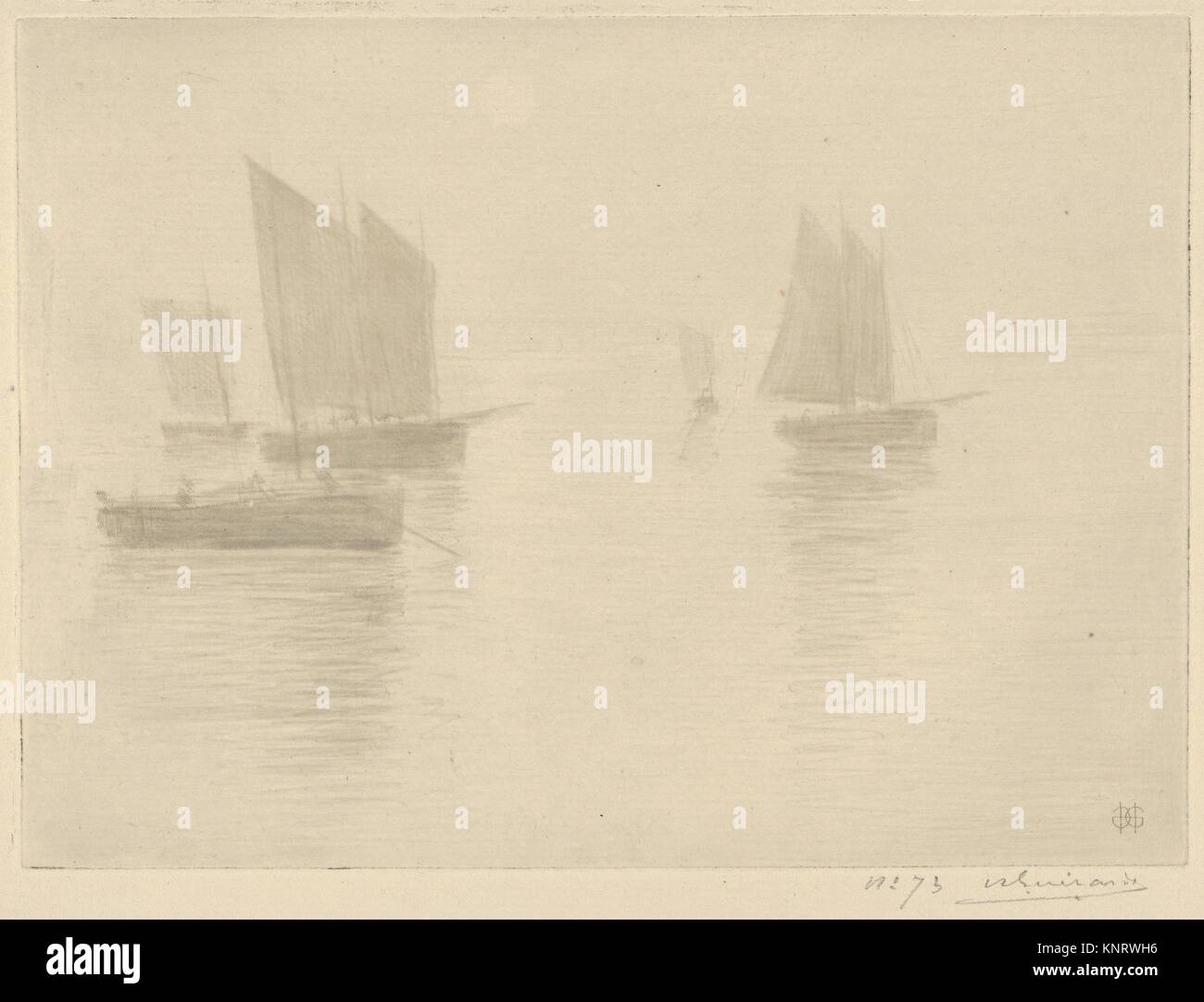 Return from Fishing, Honfleur (Retour de Peche, Honfleur) (Bateaux dans le brouillard / Boats in a Fog). Series/Portfolio: L´Estampe originale, Album Stock Photo