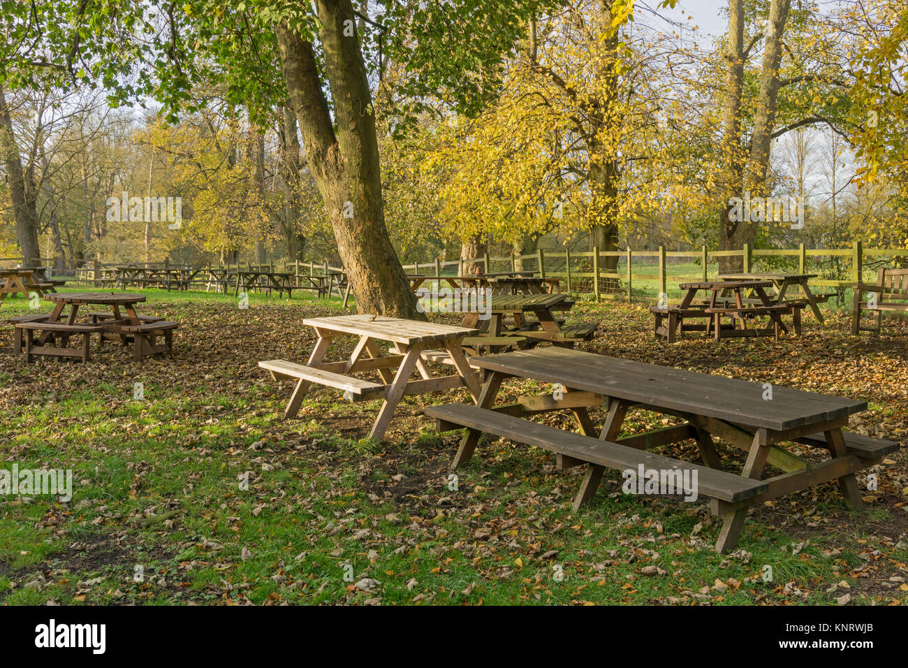 An outdoor eating area in Winter; attached to Towcester Mill Brewery and Tap Room, Towcester UK Stock Photo