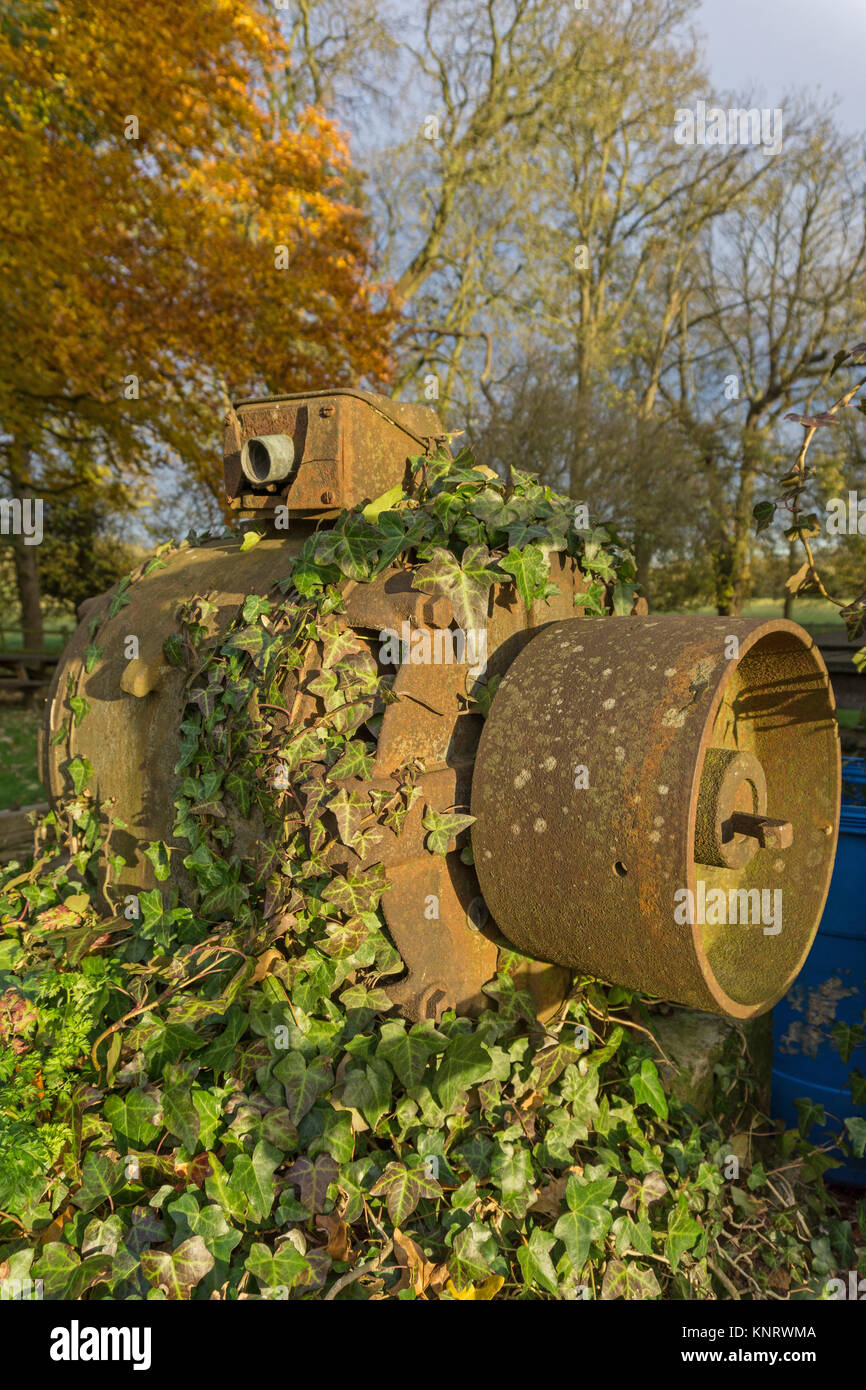 Old rusty pump mechanism covered in ivy part of Towcester Mill, Towcester, UK Stock Photo