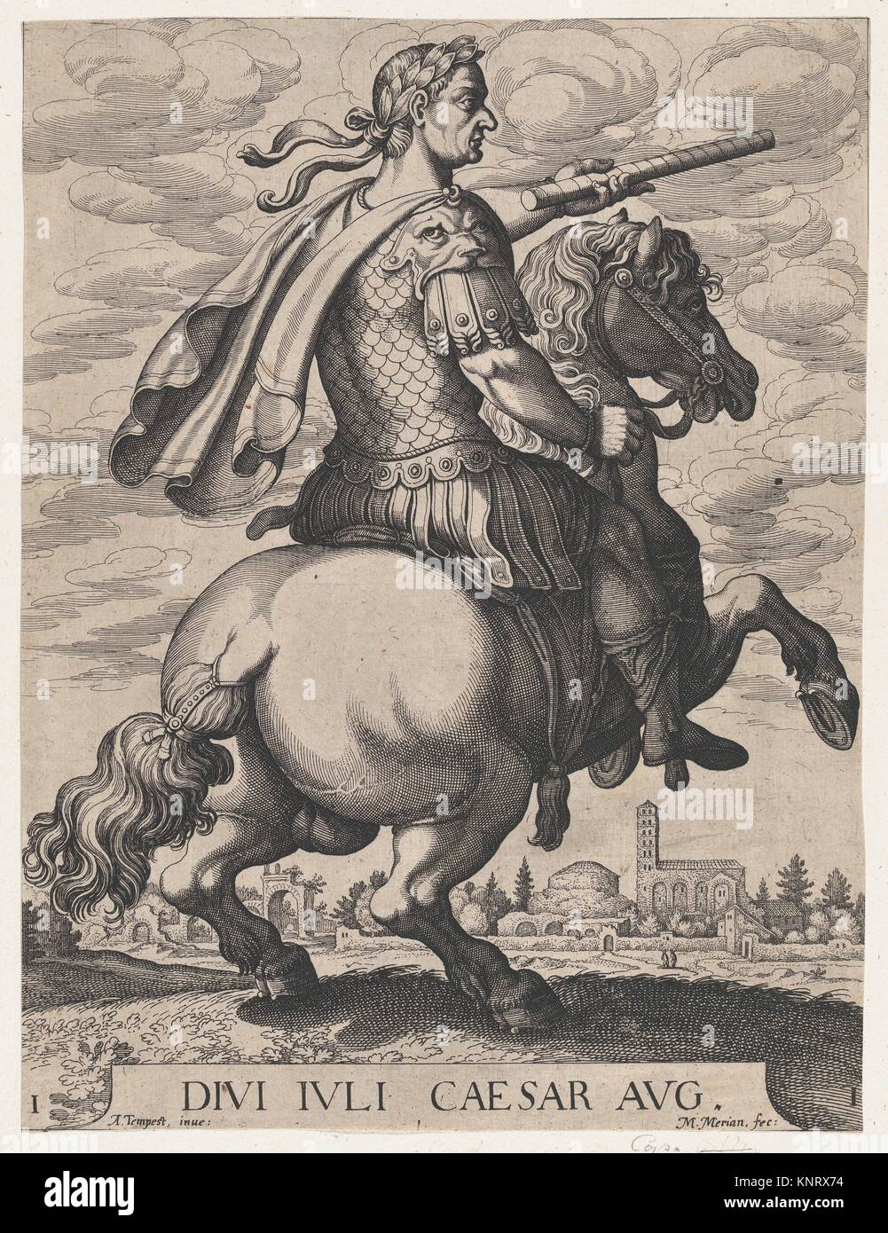Plate 1: Emperor Julius Caesar on Horseback, from ´ The First Twelve Roman Caesars´, after Tempesta. Artist: Matthäus Merian the Elder (Swiss, Basel Stock Photo
