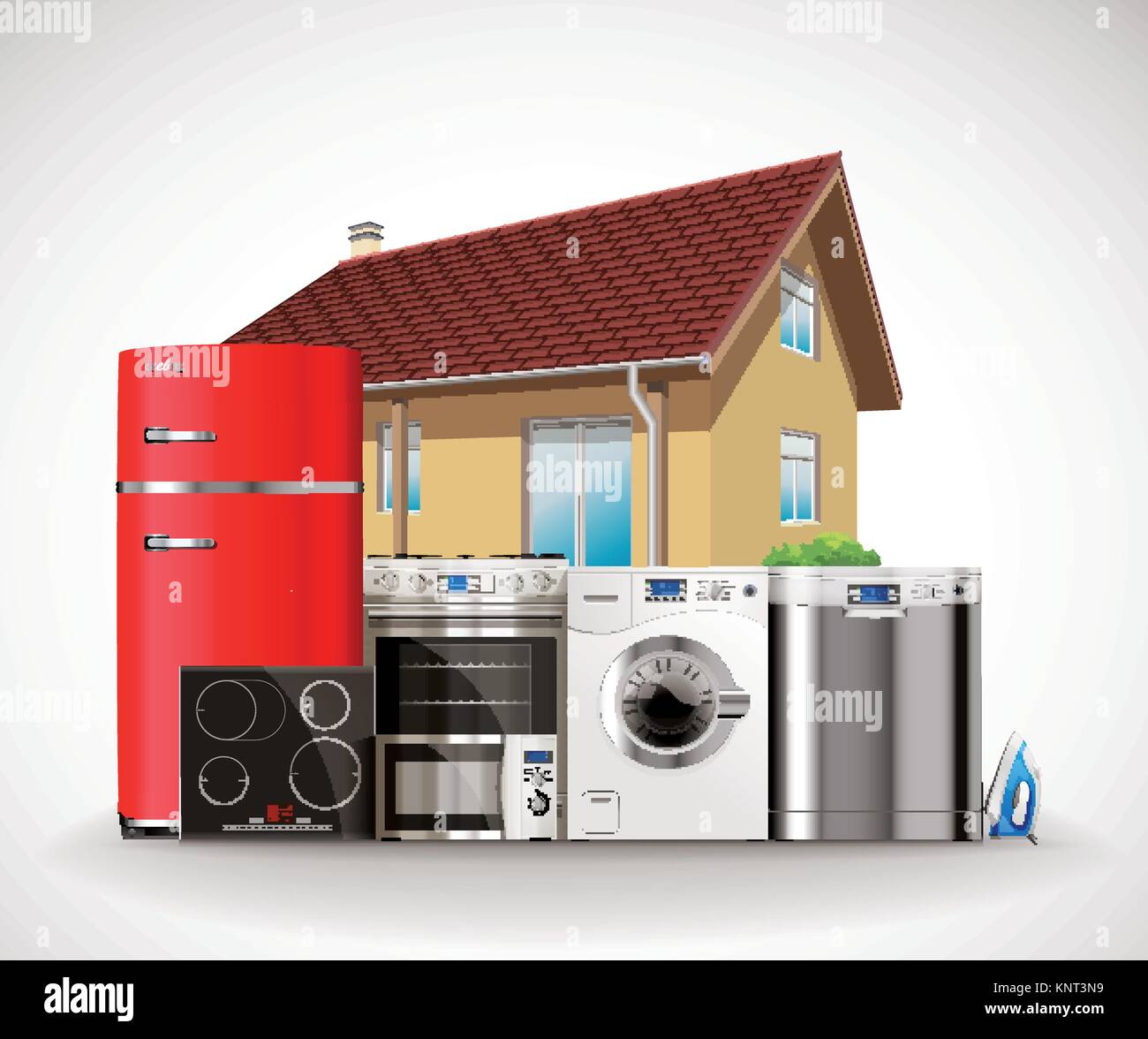 Kitchen and house appliances: microwave, washing machine, refrigerator, gas stove, dishwasher, iron.– stock illustration Stock Vector