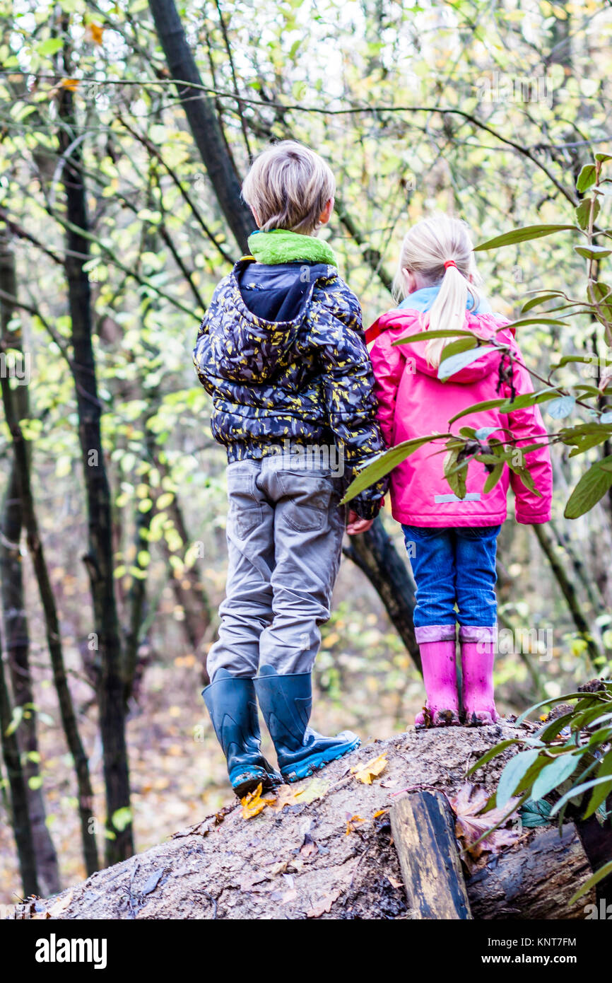 Brother and sister standing hand in hand in the streets of the forest ...