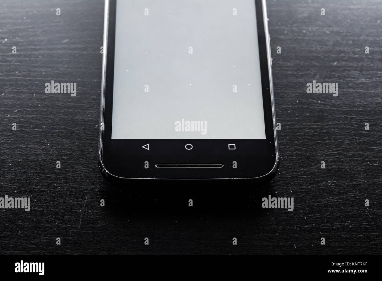 Blank White Screen Frame Cell Phone Android Black Wood Desk Stock Photo