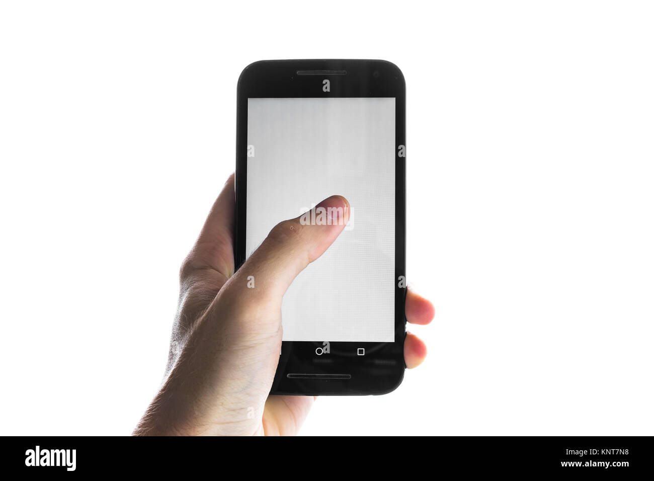 Hand Using Blank White Screen Cell Phone Press Finger Isolated Stock Photo