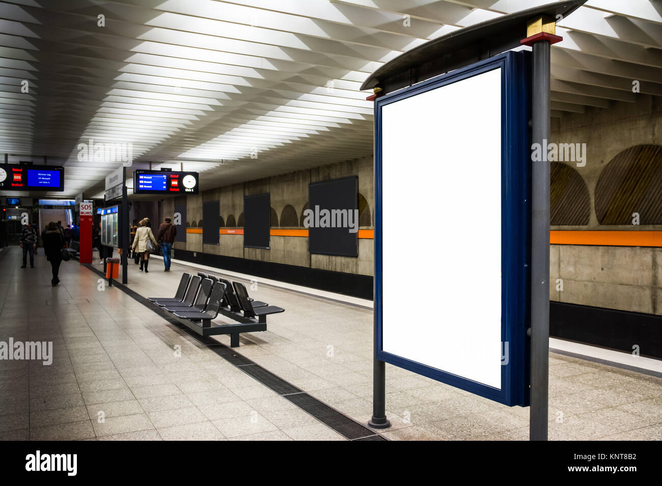 Blank Advertisement Template Subway Underground Bench Munich City Urban Public Transport Germany Europe Light Indoors Rectangular Large Stock Photo